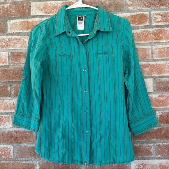 North Face Snap Up Cotton Shirt Women’s Small Turquoise Western Roll Tab - Picture 1 of 9